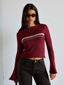 SHEIN BAE 女式简约常规喇叭袖圆领毛衣上衣 - 酒紅色 - 查看 4