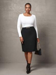 SHEIN Tall CURVE Gerade Röcke mit Ketten-Detail, Bürooutfits für Frauen - Schwarz - Übersicht 4