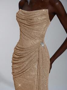 Elitara 优雅的香槟色重彩亮片低胸领口，可拆卸 3D 水钻装饰，侧褶，适合节日、婚礼、派对、毕业典礼、正式活动 - 香檳色 - 查看 2