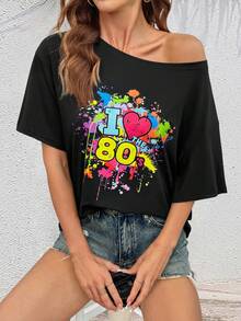 我爱 80 年代女式可爱迪斯科超大落肩短袖 T 恤 - 黑色 - 查看 4
