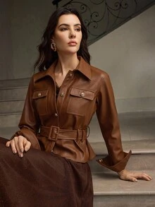 ZEYLAH 女士复古休闲纽扣式 PU 皮革短夹克