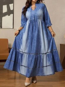 Zelara 大码牛仔效果印花长裙 - 藍色 - 查看 7