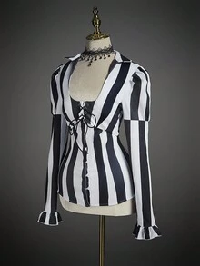 SHEIN ICON 女式万圣节夸张条纹泡泡袖哥特式上衣 - 黑與白 - 查看 3