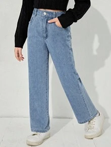 SHEIN Jeans rectos de cintura elástica estilo Y2K para niña preadolescente, de uso diario con bolsillos planos - Azul lavado medio - Ver 3