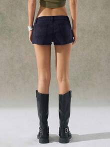 LYSMO 女士黑色低腰牛仔短裤，西部音乐节风格，夏季 - 藍色 - 查看 2