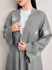 Veilorie Floral Embroidered Wavy Hem Loose Comfortable Arabic Abaya Cover Up - Grey - View 1