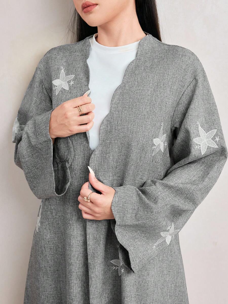 Veilorie Floral Embroidered Wavy Hem Loose Comfortable Arabic Abaya Cover Up - Grey - View 1