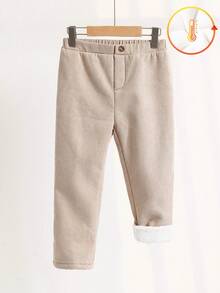 SHEIN 1 条装年轻男童休闲舒适时尚实用可爱柔软保暖灯芯绒面料厚裤子，适合日常穿着、上学、外出、运动、秋冬 - 米色 - 查看 2