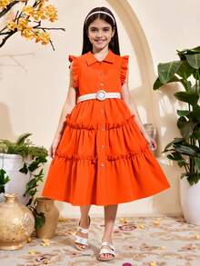 Tween Girl's Turn-Down Collar Mid-Length Dress With Woven Waist Belt Summer Holiday - Orange - View 5