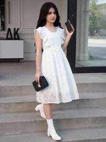 女童白色镂空蕾丝荷叶边短袖休闲度假连衣裙，夏季 - 白色 - 查看 1