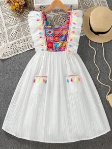 Tween Girls' Casual & Elegant & Vacation Style Hook Flower Pattern Printed Fringed Decoration Ruffle Hem Dress - White - View 4