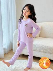 1 套年轻女孩打底衫，紫色活力印花弹力柔软面料长袖上衣和裤子舒适搭配服装，可机洗（1 套单独出售）