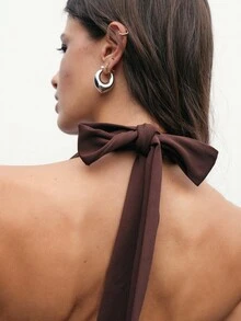 Nöista Brown Halter Top With Draped Cowl Neckline And Metal Ring Detail. Sexy Y2K Going-Out Top Perfect For Parties, Date Nights, Or Chic Summer Looks. Women's Sleeveless Crop-Style Halter Shirt. - Brown - View 5