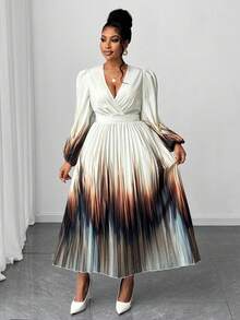 Maweii Đầm midi bodycon xếp ly cổ chữ V tay dài màu ombre thanh lịch dành cho nữ cỡ lớn, mùa xuân/thu - Nhiều màu - Xem 5