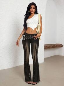 SHEIN PETITE Women's Fashion Button Frayed Hem Flare Jeans - Black - View 4