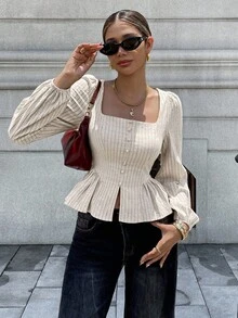 Pariaura Camisa de mujer con cuello cuadrado, mangas abullonadas y rayas, estilo francés - Caqui - Ver 4