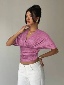 Aloruh Apricot Deep V Ruched Short Sleeve Tight Fitted Women T-Shirt - Burgundy - View 5