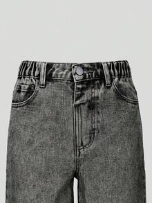 Sparklyn 青少年女孩休闲时尚浅蓝色牛仔色蝴蝶印花宽松阔腿舒适日常百搭校园休闲洗水牛仔裤 - 深灰色 - 查看 5