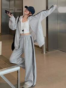 DAZY Women's Casual Contrast Striped Sweatshirt And Pants 2 Pieces Set, Autumn Tracksuits Women Set Lounge Sets For Women