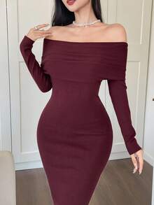 DAZY فستان كنزة صوفية أنيق بلون أحادي منسدل عن الكتف، خريفي - عنابي اللون - مشاهدة 5