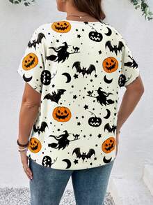 SHEIN LUNE 万圣节休闲南瓜和蝙蝠全身印花宽松大码女式 V 领短袖 T 恤套头衫，适合夏季