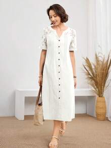 Miaspire 女士休闲V领蕾丝拼接中长连衣裙 - 白色 - 查看 4