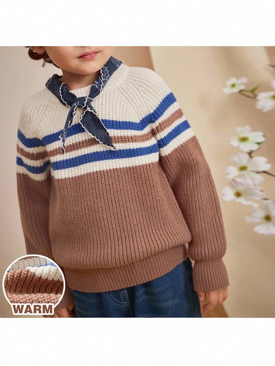 Loomiva Kleine Jungen Farbblock Rundhals Langarm Pullover, vielseitig & bequem - Aprikosenfarben - Übersicht 1
