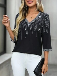 EMERY ROSE Áo cánh tay raglan cổ chữ V, dáng rộng, sáng bóng, thường ngày cho nữ - màu đen - Xem 5