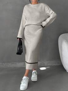 EURMUSE 女士条纹细节毛衣长裙套装 - 米色 - 查看 4