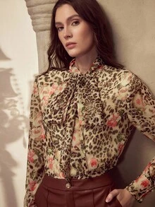 MOTF PREMIUM 女式复古豹纹优雅长袖衬衫，秋季 - 棕色 - 查看 7