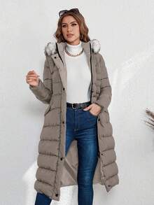 RueChic 女士冬季保暖休闲拉链撞色羊毛饰边连帽加厚外套 - 米色 - 查看 5