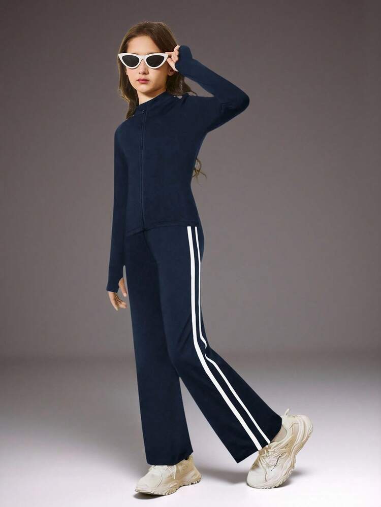 SHEIN Tween 女童海军蓝拼接丝带长袖夹克和直筒裤修身瑜伽服，户外训练休闲跑步透气健身运动套装，普拉提运动服，配套套装四向弹力高弹力 - 藏蓝色 - 查看 5