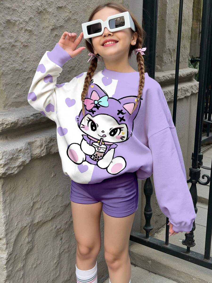 SHEIN Leap Crew Tween Girls Cute Bow, Cartoon Cat & Heart Pattern Pullover Sweatshirt, In Fall/Winter - Multicolor - View 1
