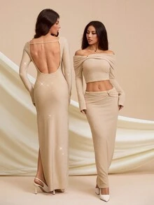 SHEIN Tall Damen einfarbiges minimalistisches rückenfreies Langarmkleid, lässige Alltagskleidung, für große Frauen - Khaki - Übersicht 6