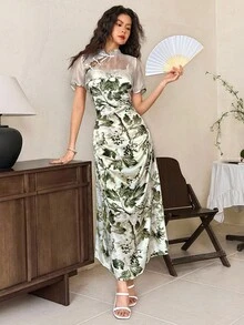 EastFlair 2件套新款中式民族风花卉印花旗袍上衣和缎面吊带裙 - 彩色 - 查看 6