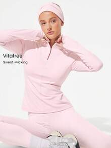 GLOWMODE Slim Fit Warm Hip Length 1/4 Zip Knit Long-Sleeve Top With Thumbholes Running Jogging Hiking Gym Training Daily Active Wear Sweat-Wicking - Baby Pink - View 1