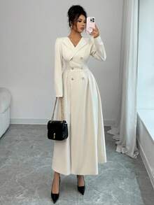 Elenzga 秋冬时尚新款纯色 V 领腰部褶饰 A 字长款风衣，适合派对、节日活动、圣诞节、万圣节、度假、约会、通勤 - 杏色 - 查看 1