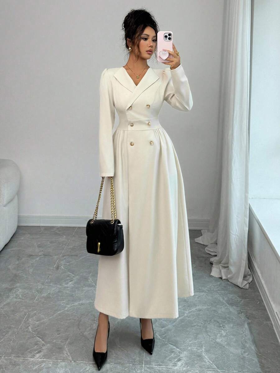 Elenzga 秋冬时尚新款纯色 V 领腰部褶饰 A 字长款风衣，适合派对、节日活动、圣诞节、万圣节、度假、约会、通勤 - 杏色 - 查看 1