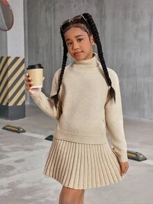 Setelan Kasual Anak Perempuan Remaja Warna Polos, Sweater Lengan Panjang Model Bahu Longgar dan Rok Mini Lipit, Musim Gugur/Musim Dingin - Navy Blue - View 5