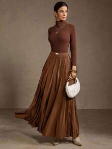 MOTF PREMIUM WOMEN'S ELEGANT PLEATED FLARED FLOWY SKIRT - Brown - View 4