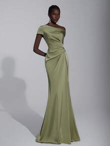 Elitara 优雅奢华缎面褶饰露肩美人鱼裙，适合婚礼、派对、度假、庆典、伴娘礼服