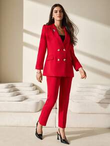 CLARA VERO Women Solid Color Suit Sets Blazer Jacket And Pants Rhinestone And Button Front Detailed - Red - View 3