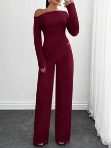 SHEIN Cottnline مجموعة قطعتين كاجوال غير متماثلة للنساء باللون البرغندي - عنابي اللون - مشاهدة 6