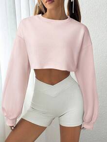 SHEIN EZwear 女士时尚休闲粉色短款运动卫衣，秋季 - 粉色 - 查看 3