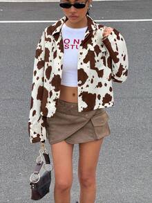 SHEIN EZwear Brown Vintage Retro Casual Short Jacket For Women, Versatile Outerwear With Cowboy/Western Vibe, Y2K 2000s Street Style, Grunge And Punk Fashion,Fall