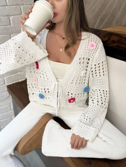 EURMUSE Women 3D Flower Decorated Hollow Out Knitted Cardigan & Wide Leg Solid Color Knitted Pants 2 Pieces Set,Winter Clothes