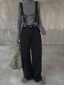 FRIFUL Women's Casual Denim Bib Pants With Pockets - Black - View 4