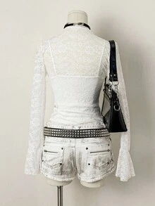 EgrlEra 女式性感撞色蕾丝V领蕾丝花边衬衫