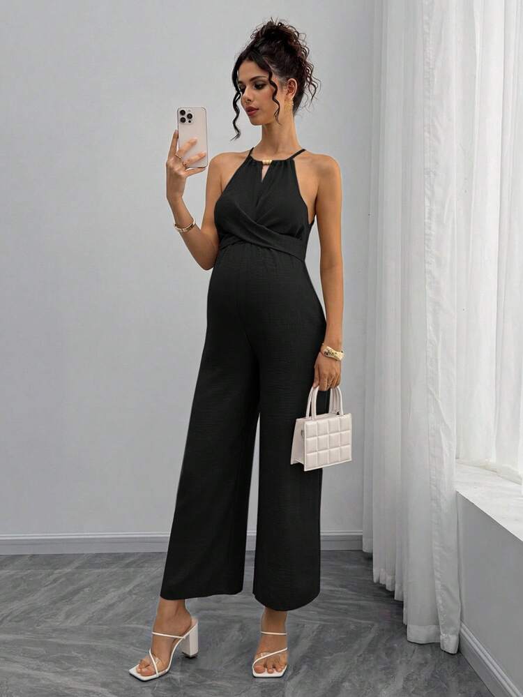 Momance Pregnant Women's Wooden Bead Halter Tie Front Bowknot Jumpsuit - Black - View 4