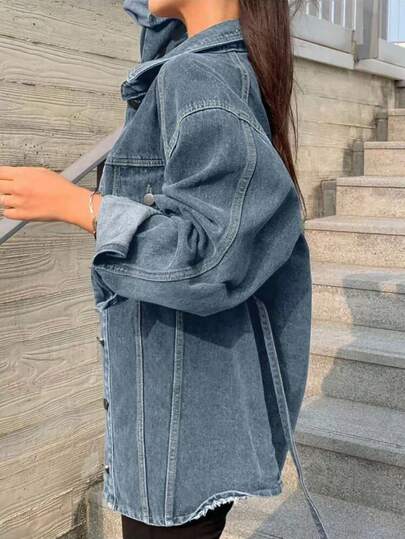 DAZY Women's Washed Distressed Tie Up Loose Split Street Style Denim Jacket, Spring Autumn,Fall Women Clothes Long Sleeve Women